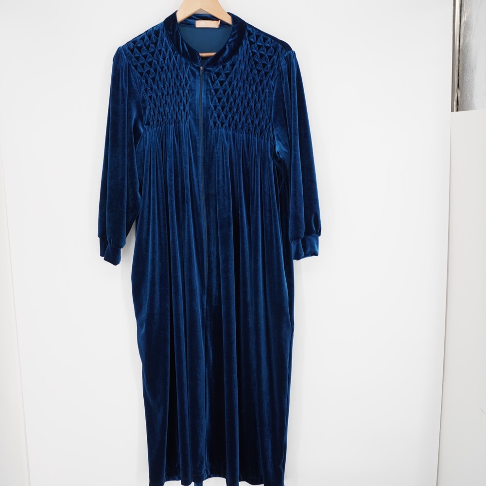 La Cera Womens Velour Bathrobe XL Blue Nightgown Kaftan Smocked Pockets Cozy - Picture 13 of 14